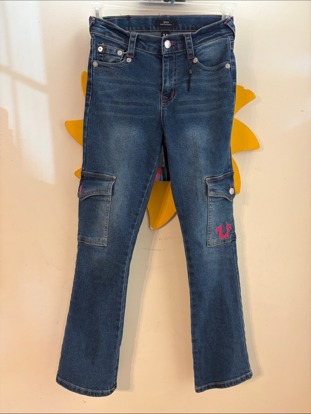 True Religion Girls Dark Blue Bootcut Cargo Jeans with Pink Logo Sz. 14